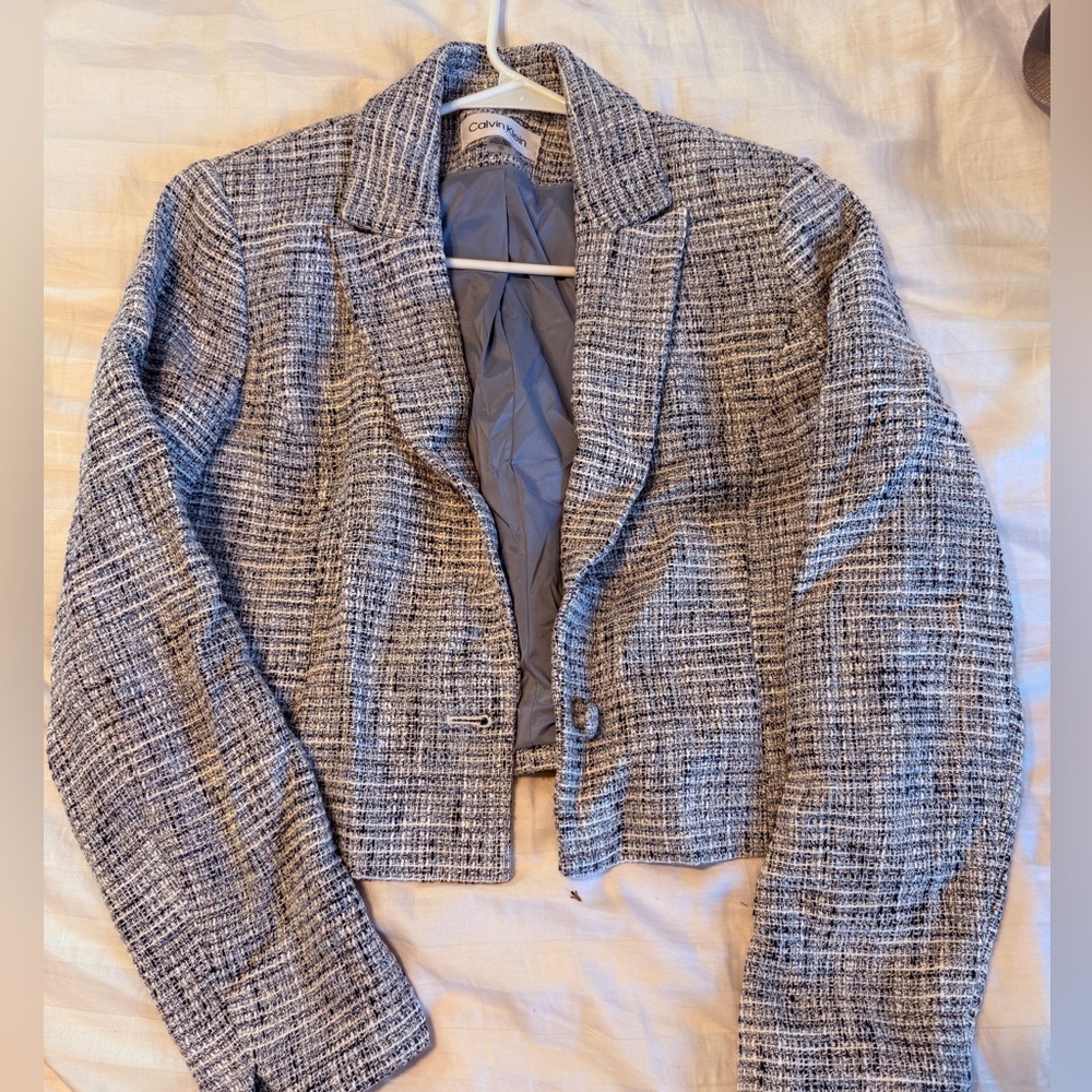 Calvin Klein Women's Black and White Tweed Blazer Size 10